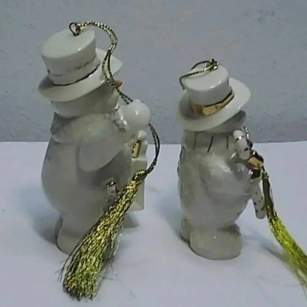 Pair of Vtg Lenox Ivory China Snowman Christmas Ornaments Gold Accents 3.75-4.25